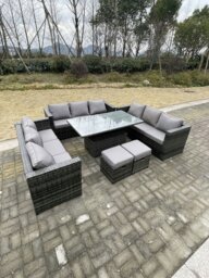 Rackhams 11 Seater Rattan Garden Furniture Set with U Shape Sofa, Adjustable Table & 2 Footstools - Dark Grey - thumbnail 4
