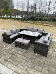 Rackhams 11 Seater Rattan Garden Furniture Set with U Shape Sofa, Adjustable Table & 2 Footstools - Dark Grey - thumbnail 3