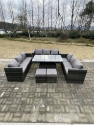 Rackhams 11 Seater Rattan Garden Furniture Set with U Shape Sofa, Adjustable Table & 2 Footstools - Dark Grey - thumbnail 2