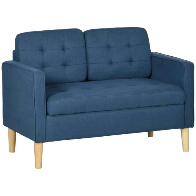 Rackhams Modern Loveseat Sofa, Compact 2 Seater Sofa with Hidden Storage, 117cm Tufted Cotton Couch with Wood Legs, Blue - image 1