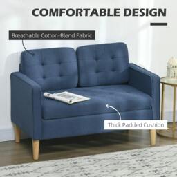 Rackhams Modern Loveseat Sofa, Compact 2 Seater Sofa with Hidden Storage, 117cm Tufted Cotton Couch with Wood Legs, Blue - thumbnail 5