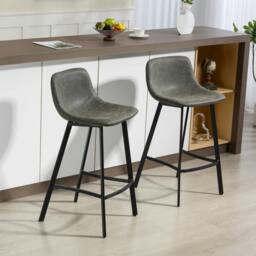 Rackhams Bar Stools Set of 2, Bar Chairs with Back and Steel Legs, Green - Grey - PU leather, steel