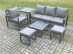 Rackhams Aluminium Outdoor Garden Furniture Set Sofa Chair Set with Square Coffee Table Side Table 2 Small Footstools Dark Grey - thumbnail 1