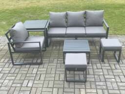 Rackhams Aluminium Outdoor Garden Furniture Set Sofa Chair Set with Square Coffee Table Side Table 2 Small Footstools Dark Grey - thumbnail 2
