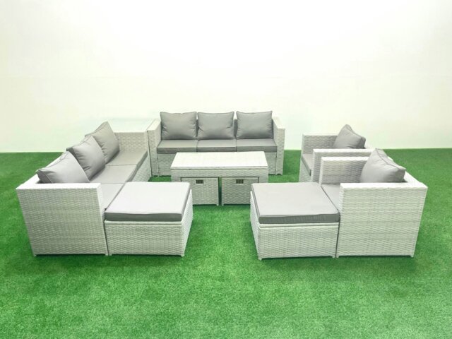 Rackhams Rattan Garden Furniture Set Outdoor Lounger Sofa with Coffee Table 4 Footstools Side Table Light Grey Mixed - image 1