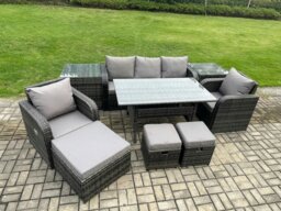Rackhams 9 Pcs Rattan Outdoor Garden Furniture Set Rectangular Dining Table and Chair Sofa Set With 2 Side Tables 3 Footstools Dark Grey Mixed - thumbnail 2