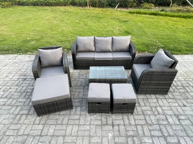 Rackhams 8 Seater Rattan Garden Furniture Set Patio Outdoor Lounge Sofa Set with Rectangular Coffee Table 3 Footstools 3 Seater Sofa Dark Grey Mixed - image 1