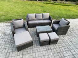 Rackhams 8 Seater Rattan Garden Furniture Set Patio Outdoor Lounge Sofa Set with Rectangular Coffee Table 3 Footstools 3 Seater Sofa Dark Grey Mixed - thumbnail 2