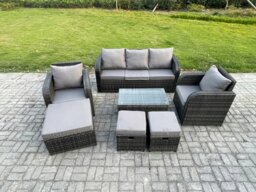 Rackhams 8 Seater Rattan Garden Furniture Set Patio Outdoor Lounge Sofa Set with Rectangular Coffee Table 3 Footstools 3 Seater Sofa Dark Grey Mixed - thumbnail 1