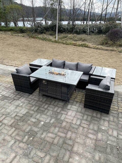 Rackhams Outdoor Lounge Rattan Sofa Set Garden Furniture Gas Fire Pit Set Dining Table Patio Heater 2 Chair 2 Coffee Table Dark Grey Mixed - image 1