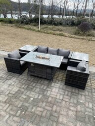 Rackhams Outdoor Lounge Rattan Sofa Set Garden Furniture Gas Fire Pit Set Dining Table Patio Heater 2 Chair 2 Coffee Table Dark Grey Mixed - thumbnail 2