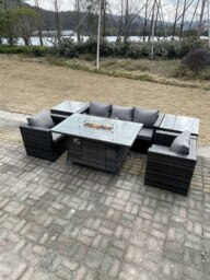 Rackhams Outdoor Lounge Rattan Sofa Set Garden Furniture Gas Fire Pit Set Dining Table Patio Heater 2 Chair 2 Coffee Table Dark Grey Mixed