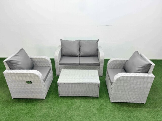 Rackhams Light Grey PE Wicker Rattan Garden Furniture Set Sofa Set Reclining Adjustable Chair Rectangular Coffee Table 4 Seater - image 1