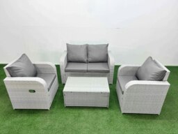 Rackhams Light Grey PE Wicker Rattan Garden Furniture Set Sofa Set Reclining Adjustable Chair Rectangular Coffee Table 4 Seater - thumbnail 1