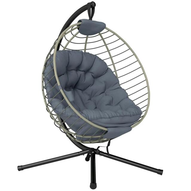 Rackhams PE Rattan Swing Chair, Outdoor Hanging Chair with Metal Stand, Thick Padded Cushion, Foldable Basket and Cup Holder, for Indoor and Outdoor, Grey - image 1