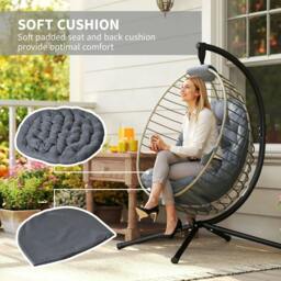 Rackhams PE Rattan Swing Chair, Outdoor Hanging Chair with Metal Stand, Thick Padded Cushion, Foldable Basket and Cup Holder, for Indoor and Outdoor, Grey - thumbnail 6