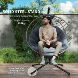 Rackhams PE Rattan Swing Chair, Outdoor Hanging Chair with Metal Stand, Thick Padded Cushion, Foldable Basket and Cup Holder, for Indoor and Outdoor, Grey - thumbnail 4