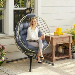 Rackhams PE Rattan Swing Chair, Outdoor Hanging Chair with Metal Stand, Thick Padded Cushion, Foldable Basket and Cup Holder, for Indoor and Outdoor, Grey - thumbnail 2