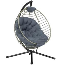 Rackhams PE Rattan Swing Chair, Outdoor Hanging Chair with Metal Stand, Thick Padded Cushion, Foldable Basket and Cup Holder, for Indoor and Outdoor, Grey - thumbnail 1