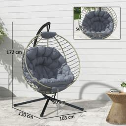 Rackhams PE Rattan Swing Chair, Outdoor Hanging Chair with Metal Stand, Thick Padded Cushion, Foldable Basket and Cup Holder, for Indoor and Outdoor, Grey - thumbnail 3