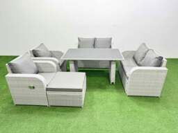 Rackhams 6 Pieces Outdoor PE Rattan Sofa Reclining Chair Set Patio Garden Furniture Sets with Cushions Big Stool Light Grey - thumbnail 1