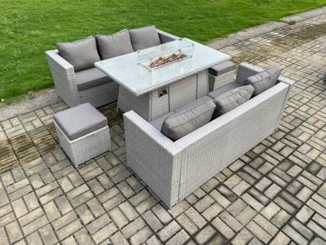 Rackhams Garden Dining Sets Outdoor PE Rattan Furniture Gas Fire Pit Dining Table Gas Heater with 2 Small Footstool Light Grey - image 1