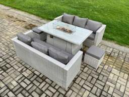 Rackhams Garden Dining Sets Outdoor PE Rattan Furniture Gas Fire Pit Dining Table Gas Heater with 2 Small Footstool Light Grey - thumbnail 2