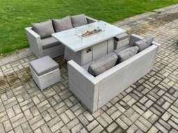 Rackhams Garden Dining Sets Outdoor PE Rattan Furniture Gas Fire Pit Dining Table Gas Heater with 2 Small Footstool Light Grey - thumbnail 1