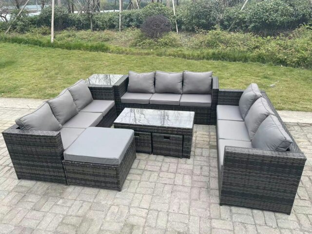 Rackhams Outdoor Rattan Garden Furniture Lounge Sofa Set With Oblong Rectagular Coffee Table Big Footstool and 2 Small Stools Side Table - image 1