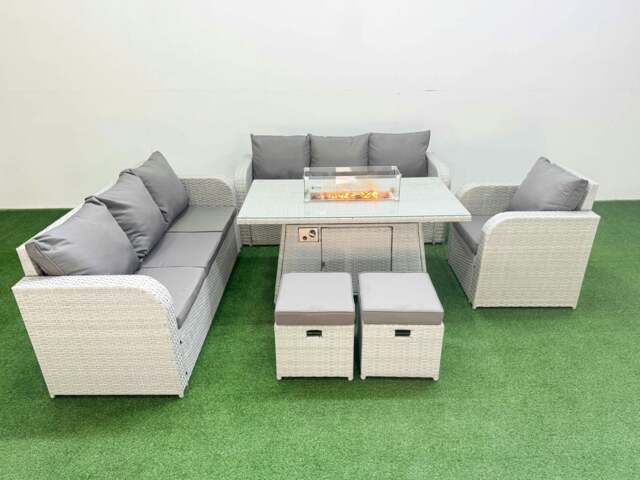 Rackhams 9 Seater Rattan Outdoor Garden Furniture Set with Fire Pit Dining Table, 3 Seater Sofa, Reclining Chair, 3 Seater Sofa, Stools - Light Grey - image 1