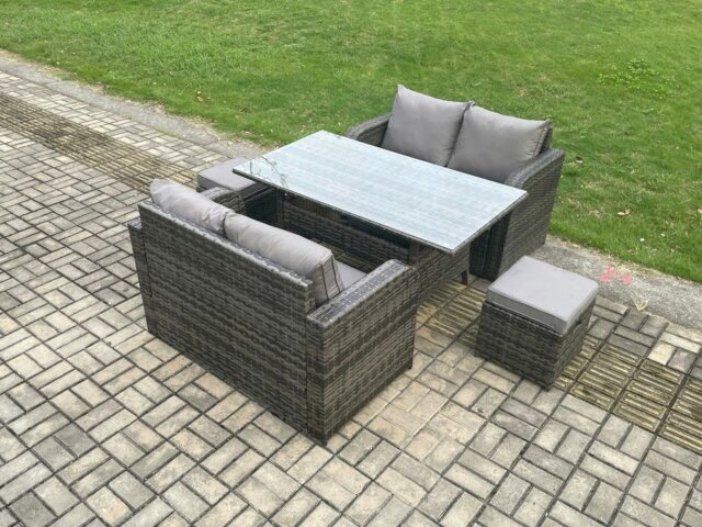 Rackhams Patio Rattan Garden Furniture Set with Oblong Rectangular Dining Table 2 Small Footstools 6 Seater Outdoor Loveseat Sofa Set Dark Grey Mixed - image 1