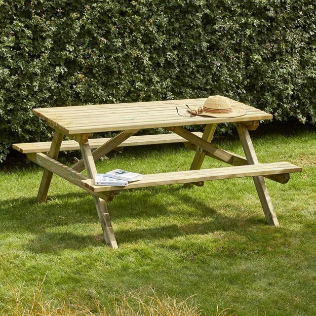 Rackhams Alma Wooden Picnic Table 5ft 6 Person Outdoor Dining Bench Garden Table - image 1
