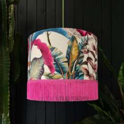 "Rackhams Ice Jungle Lampshade With Candy Floss Pink Fringing - Ceiling Pendant / Arc Lamp - 40cm Diameter x 25cm Height (16"" x 10"")"