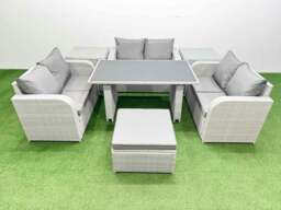 Rackhams 7 Seater Patio Garden Furniture Sets with Black Glass Top Dining Table Love Sofa 2 Side Tables Big Stool Light Grey