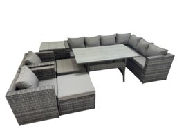 Rackhams Rattan Garden Furniture Set Outdoor 10 Seater Patio Dining Corner Sofa Sets with Dining Table 2 Chairs 2 Big Stools Side Table Dark Grey Mixed - thumbnail 1