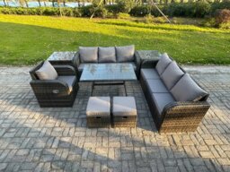 Rackhams Wicker 8 Pieces Rattan Garden Furniture Sofa Set with Rectangular Dining Table Armchair 2 Small Footstools 2 Side Tables Dark Grey Mixed - thumbnail 1