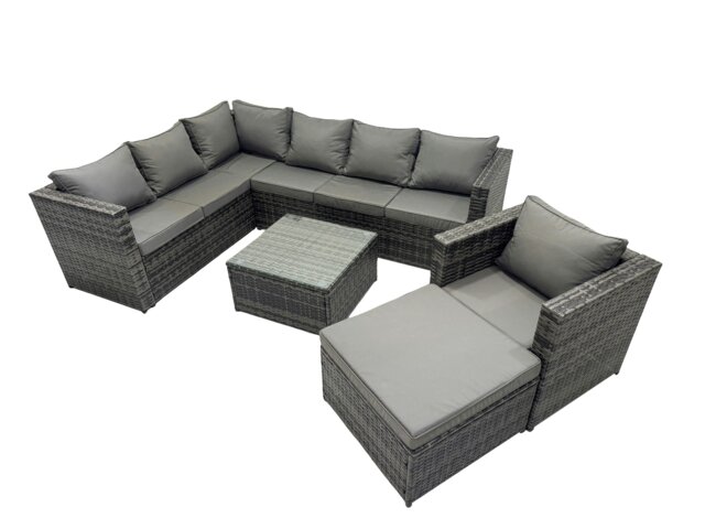 Rackhams Rattan Garden Furniture Patio Furniture Sets with Corner Sofa Chair Square Coffee Table Big Footstool Dark Grey Mixed - image 1