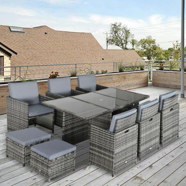 Rackhams 11PC Garden Rattan Dining Set Cushion Patio Table Chair Conservatory - image 1