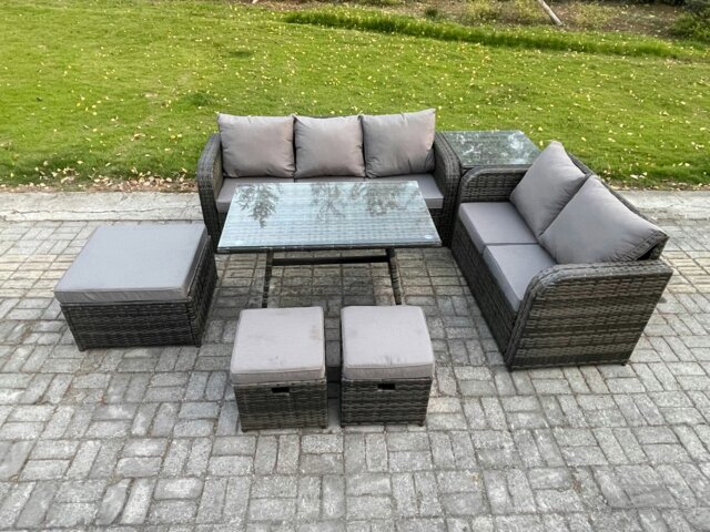 Rackhams Rattan Garden Furniture Dining Set 8 seater Patio Rectangular Table 3 Footstools Love Sofa Side Table Dark Grey Mixed - image 1