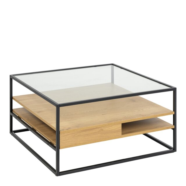 Rackhams Randolf Square Coffee Table with 2 Shelves in Black and Oak - 1 - Black and Natural - Brown - image 1