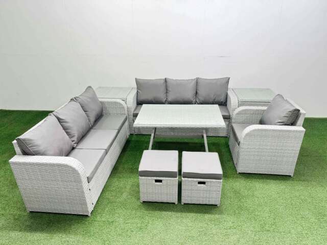 Rackhams 8 Pieces Outdoor PE Rattan Garden Furniture with Cushions Reclining Chair 2 Side Tables 2 Small Stools Light Grey - image 1