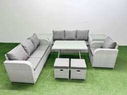 Rackhams 8 Pieces Outdoor PE Rattan Garden Furniture with Cushions Reclining Chair 2 Side Tables 2 Small Stools Light Grey