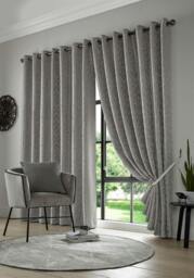 Rackhams Keswick Fully Lined Ring Top Curtains - 117cm width x 137cm drop - Metallic Silver - thumbnail 1