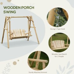 Rackhams Outdoor 2 Seater Porch Swing Wooden Rustic Patio Bench w/ Armrest - thumbnail 3