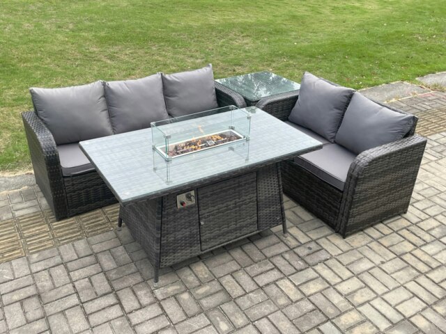 Rackhams Rattan Garden Furniture Set with Gas Fire Pit Table,Side Table 4 Pieces Outdoor Lounge Sofa Set Dark Grey Mixed - image 1