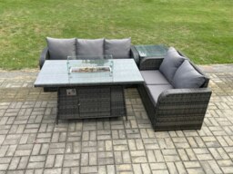 Rackhams Rattan Garden Furniture Set with Gas Fire Pit Table,Side Table 4 Pieces Outdoor Lounge Sofa Set Dark Grey Mixed - thumbnail 2