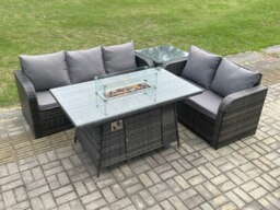 Rackhams Rattan Garden Furniture Set with Gas Fire Pit Table,Side Table 4 Pieces Outdoor Lounge Sofa Set Dark Grey Mixed - thumbnail 1