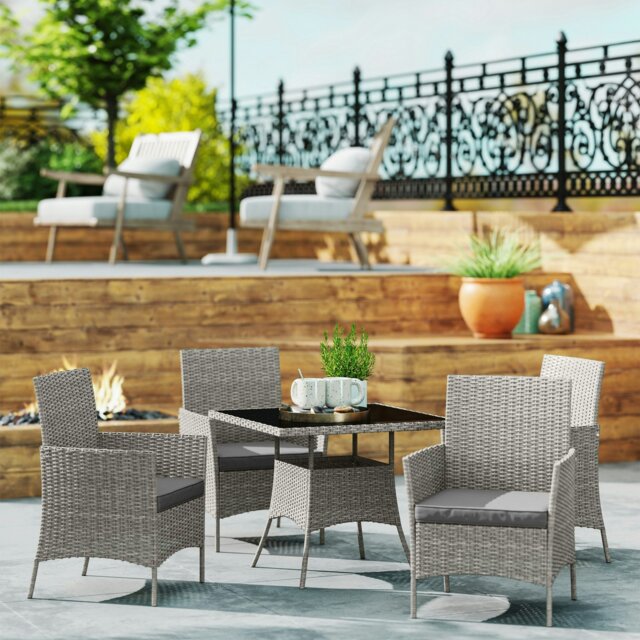 Rackhams Rattan Outdoor Dining Table and Chairs for 4, Mixed Grey - Light Grey - Steel, PE Rattan - image 1