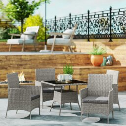 Rackhams Rattan Outdoor Dining Table and Chairs for 4, Mixed Grey - Light Grey - Steel, PE Rattan - thumbnail 1