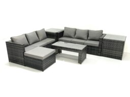 Rackhams Garden Outdoor Rattan Furniture Set with Sofa Coffee table Big Footstool 2 Side Tables Dark Grey Mixed - thumbnail 2